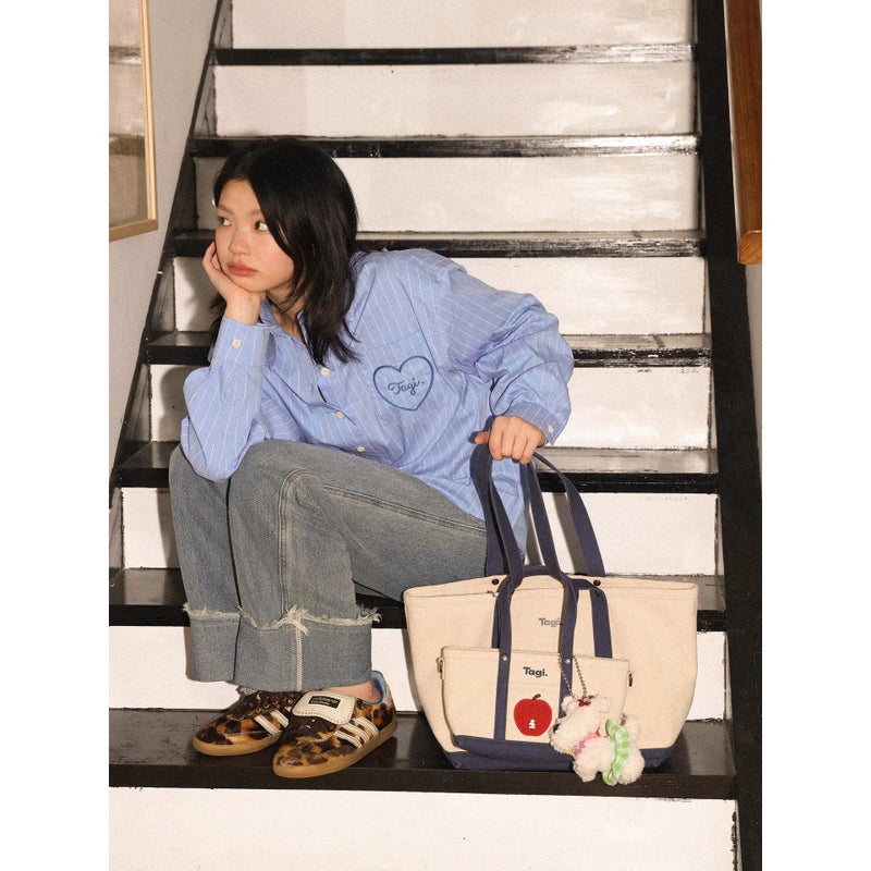 Tagi.《Imagine Apple》Color-Blocked Commuter Shoulder Bag Canvas Tote Bag Handheld Crossbody Bag Versatile Handbag - Image 4