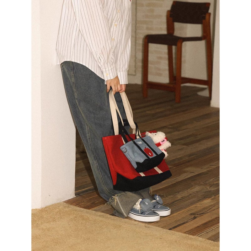 Tagi.《Imagine Apple》Color-Blocked Commuter Shoulder Bag Canvas Tote Bag Handheld Crossbody Bag Versatile Handbag - Image 5