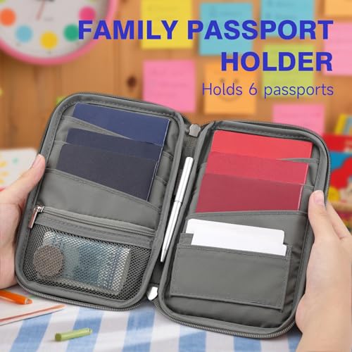 WALNEW Passport Holder for Travel Family, RFID-Blocking Travel Wallet Holder for 6 Passports, Water Resistant Bag Document Organizer for Cards, Cash, Boarding Passes, Tickets (Gray) - Image 5