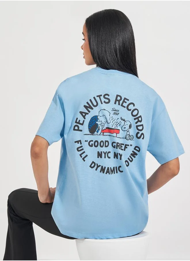 Styli Acid Wash Peanuts Records Print Oversized T-Shirt