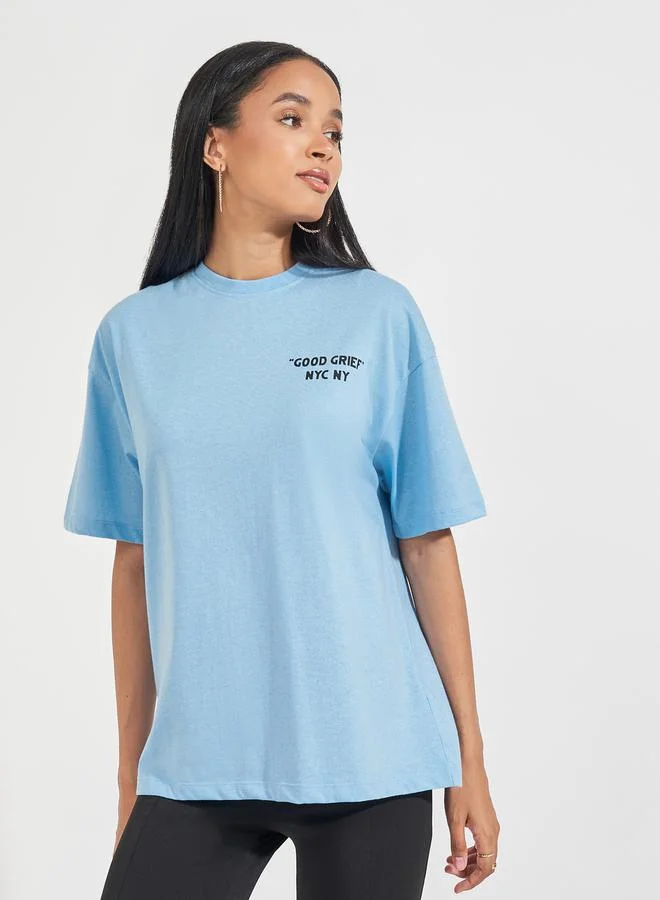 Styli Acid Wash Peanuts Records Print Oversized T-Shirt