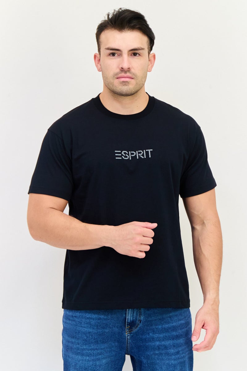 ESPRIT تي شيرت رجالي بأكمام قصيرة وياقة دائرية بشعار العلامة التجارية، أسود - Image 1