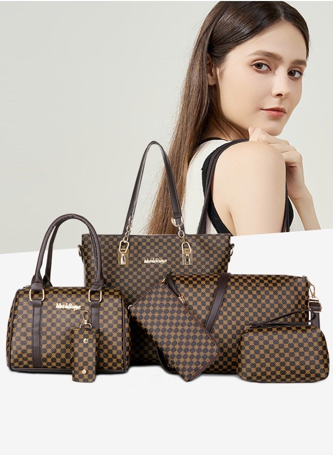 DUNISO 6 Pcs Handbags Set for Women, Dark Brown PU Leather Printing Pattern Purse Sets, Ladies Fashion Multipurpose Travel Tote Bag for Any Occasion.  - Image 1