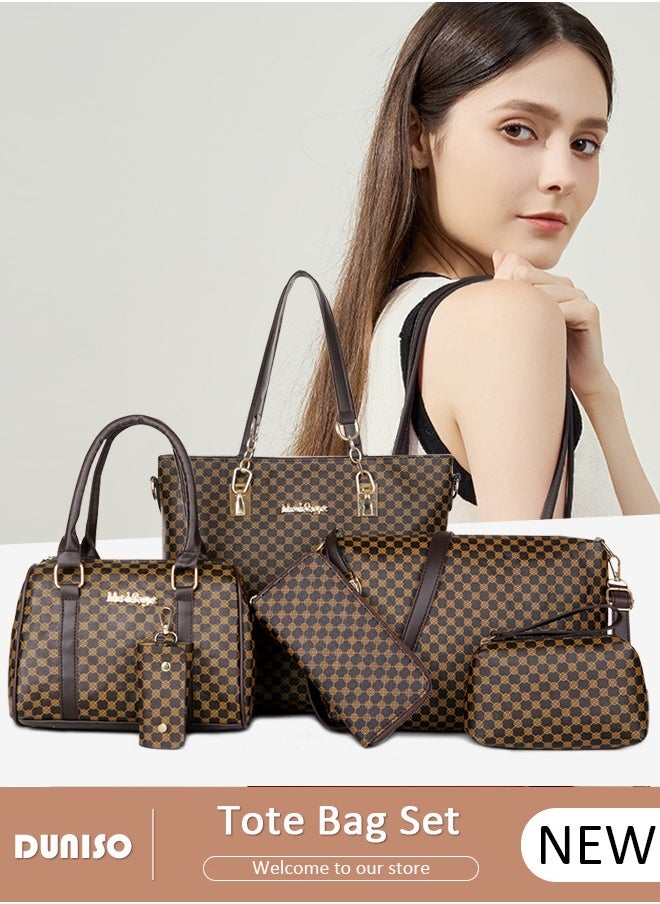 DUNISO - 6 Pcs Handbags Set for Women, Dark Brown PU Leather Printing Pattern Purse Sets, Ladies Fashion Multipurpose Travel Tote Bag for Any Occasion. - Image 1