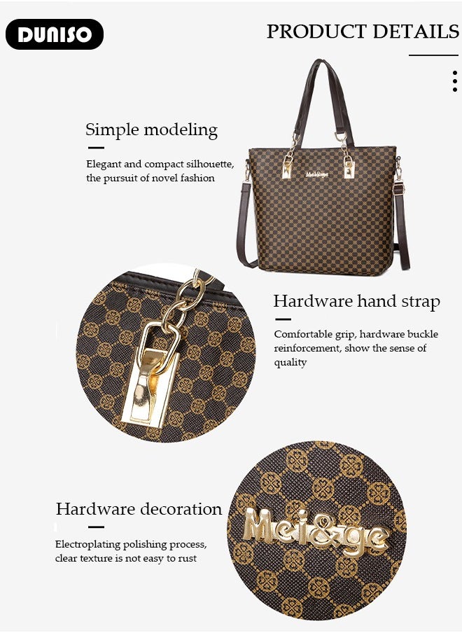 DUNISO - 6 Pcs Handbags Set for Women, Dark Brown PU Leather Printing Pattern Purse Sets, Ladies Fashion Multipurpose Travel Tote Bag for Any Occasion. - Image 1