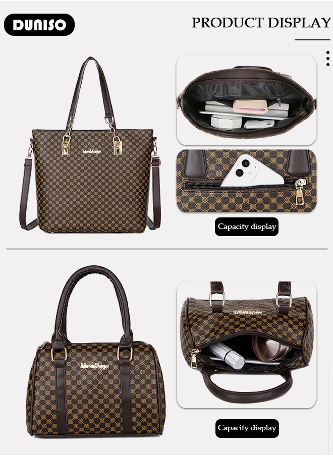 DUNISO - 6 Pcs Handbags Set for Women, Dark Brown PU Leather Printing Pattern Purse Sets, Ladies Fashion Multipurpose Travel Tote Bag for Any Occasion. - Image 1