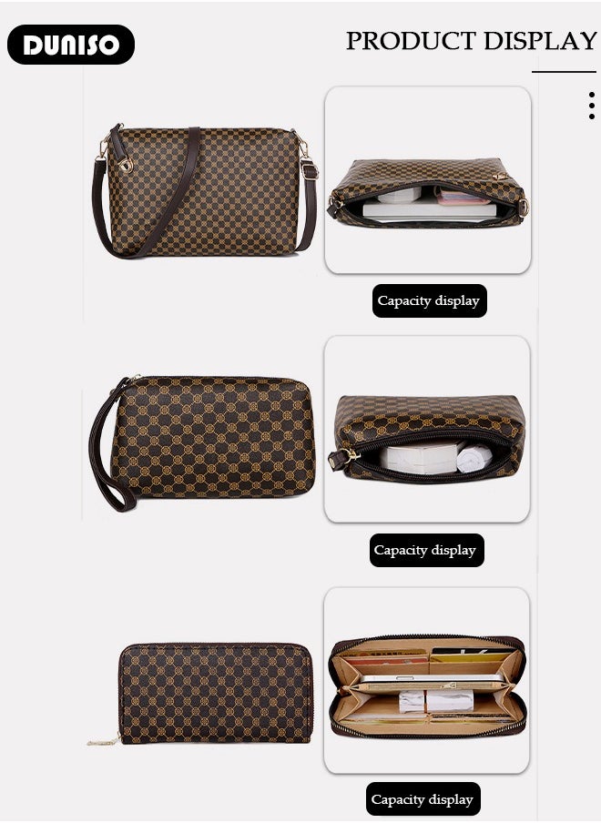 DUNISO - 6 Pcs Handbags Set for Women, Dark Brown PU Leather Printing Pattern Purse Sets, Ladies Fashion Multipurpose Travel Tote Bag for Any Occasion. - Image 1
