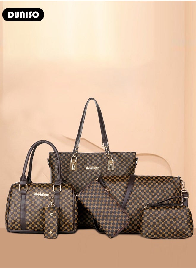 DUNISO - 6 Pcs Handbags Set for Women, Dark Brown PU Leather Printing Pattern Purse Sets, Ladies Fashion Multipurpose Travel Tote Bag for Any Occasion. - Image 1