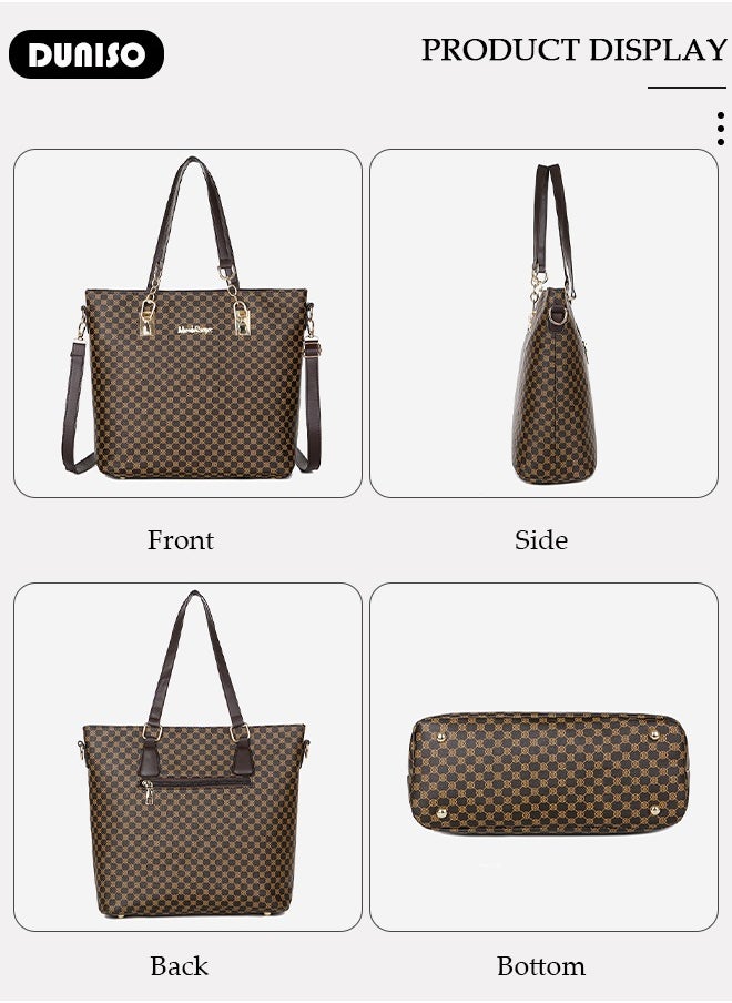 DUNISO - 6 Pcs Handbags Set for Women, Dark Brown PU Leather Printing Pattern Purse Sets, Ladies Fashion Multipurpose Travel Tote Bag for Any Occasion. - Image 1