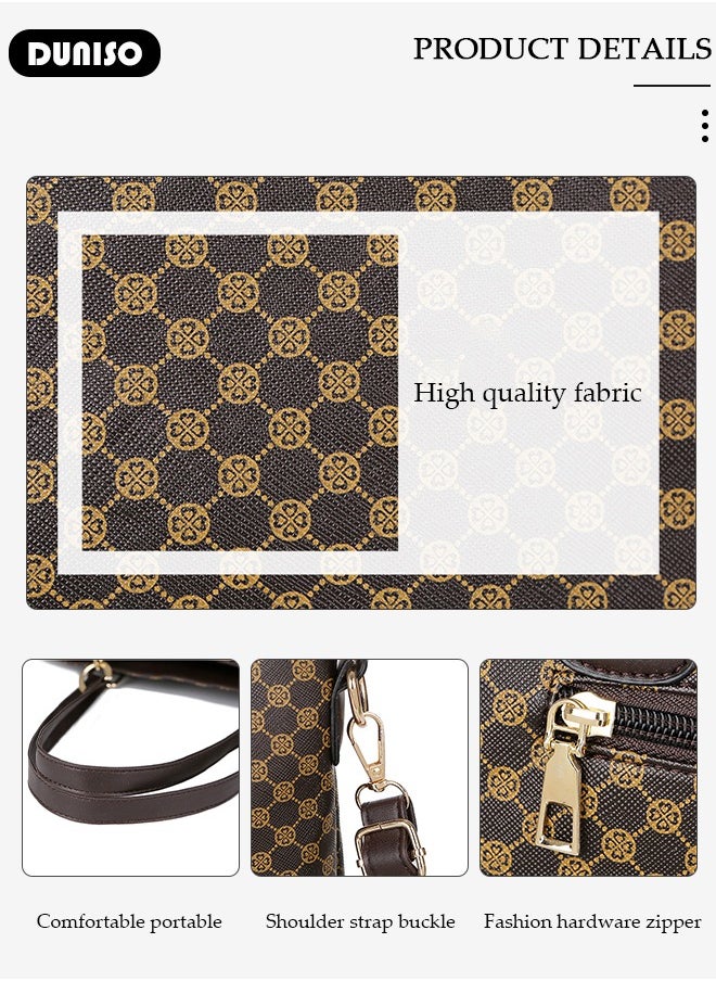 DUNISO - 6 Pcs Handbags Set for Women, Dark Brown PU Leather Printing Pattern Purse Sets, Ladies Fashion Multipurpose Travel Tote Bag for Any Occasion. - Image 1
