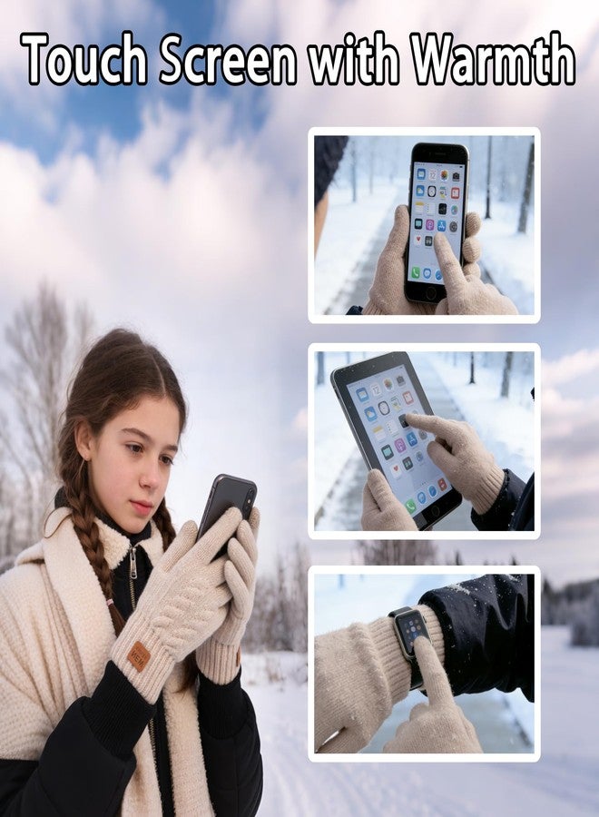 YukiniYa Kids Gloves Winter Thermal Double-Layer Knit Wool Fleece Lined Touchscreen for Boys Girls 4-18 Years Cold Weather, Beige, M (6-9 Years, Length= 7 inch) - Image 5