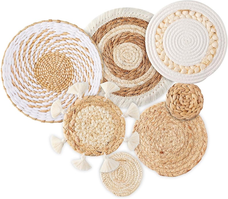 Dimpola Fine polished finish 7 Pack Boho Wall Basket Decor - Seagrass Rattan Wicker Wall Decor Round Handmade Hanging Rustic Flat Elegant Wall Art for Farmhouse Living Rooms Bedrooms Display Table Settings Kitchen Home Demand fit global economical quality - Image 1
