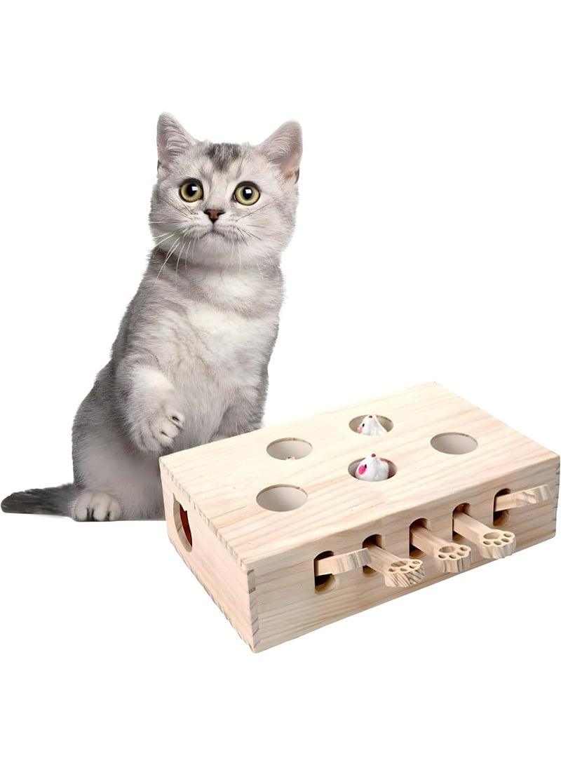 Interactive Wooden Cat Toy – 5-Hole Puzzle Box with Mouse & Balls for Hunting, Playing, Exercise & Scratching (Wood Color) - Image 1