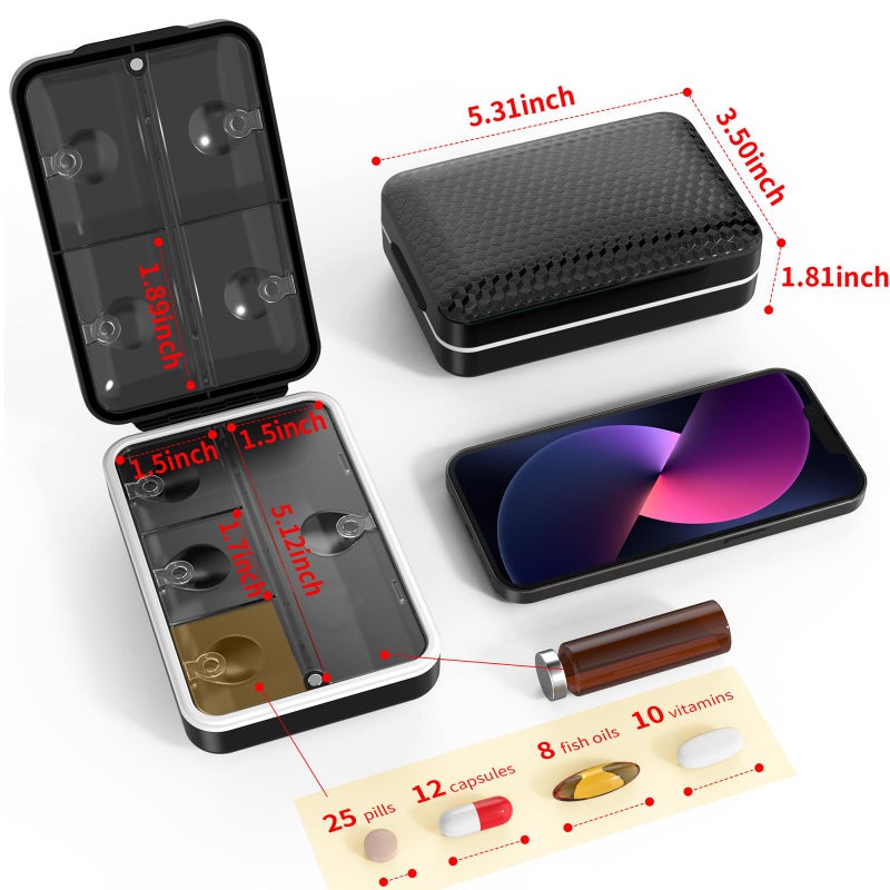 Restree Weekly Pill Organizer 8 Compartment, [Triple Seal Magnetic Lock] Travel Pill Case with Labels & Inner Lid, Moisture Proof for Vitamins, Fish Oil, Supplements, Daily Meds â€“ 7+1 Large (Black) - Image 3