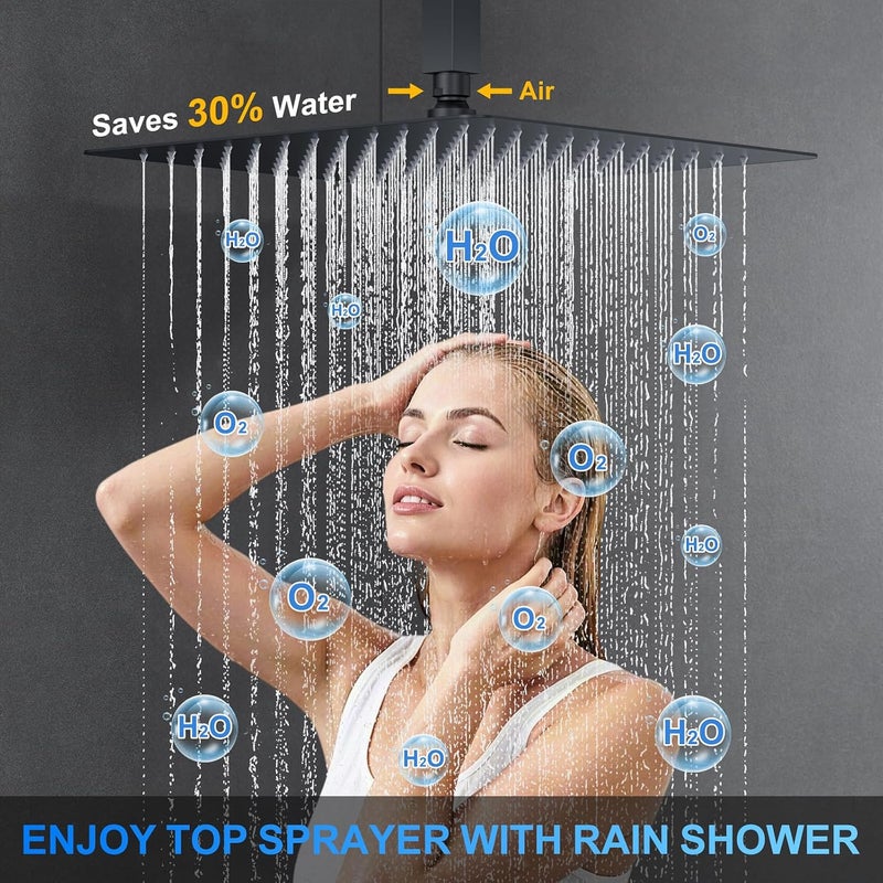 Woindo Shower Faucet Set, 12" Ceiling Mount Rainfall Shower System with 2 Rain Shower Head and Multi-function Handheld Head Push Button Diverter Shower Faucet Trim Kits, Matte Black - Image 5
