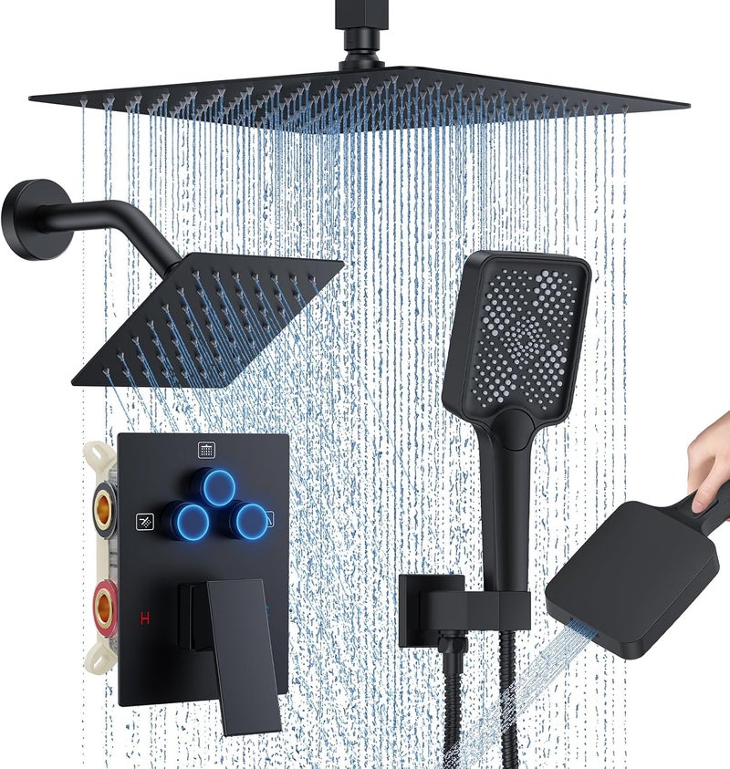 Woindo Shower Faucet Set, 12" Ceiling Mount Rainfall Shower System with 2 Rain Shower Head and Multi-function Handheld Head Push Button Diverter Shower Faucet Trim Kits, Matte Black - Image 1