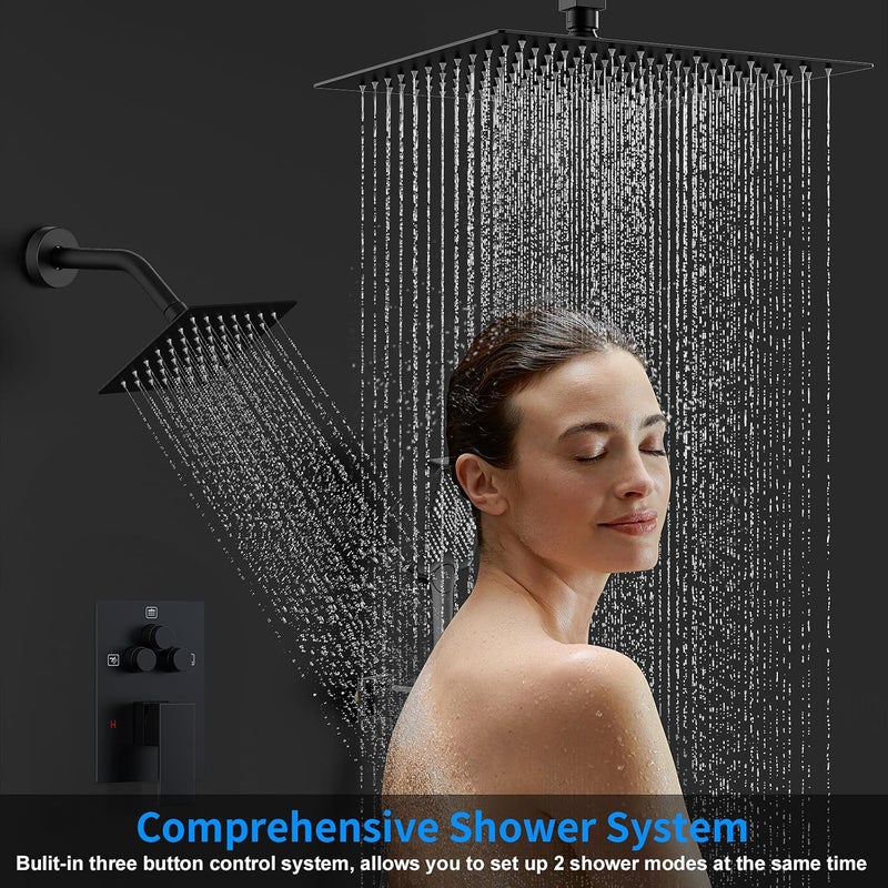 Woindo Shower Faucet Set, 12" Ceiling Mount Rainfall Shower System with 2 Rain Shower Head and Multi-function Handheld Head Push Button Diverter Shower Faucet Trim Kits, Matte Black - Image 2