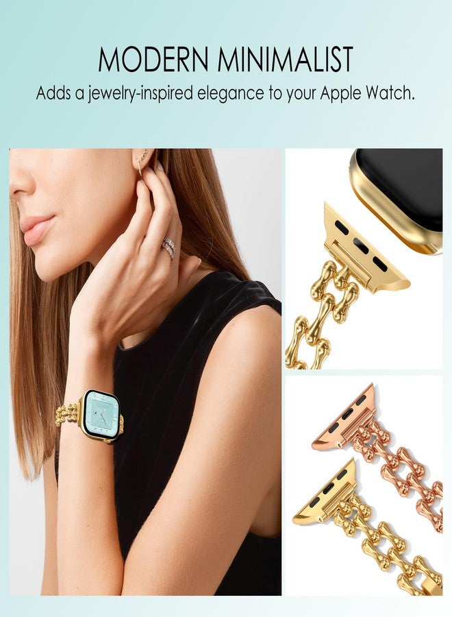 NewWays Compatible for Apple Watch Band 46mm Series 11 10 9 8 7 45mm 44mm SE Series 6 5 4 3 42mm(Series3), Slim Designer Stainless Steel Chain Link Bracelet Women Dressy for iWatch Band, Gold - Image 4