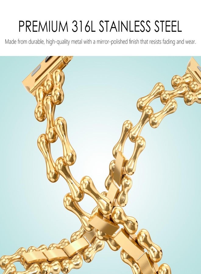 NewWays Compatible for Apple Watch Band 46mm Series 11 10 9 8 7 45mm 44mm SE Series 6 5 4 3 42mm(Series3), Slim Designer Stainless Steel Chain Link Bracelet Women Dressy for iWatch Band, Gold - Image 2
