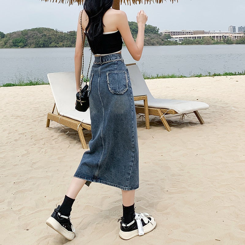 Irregular Denim Skirt Women'S Ins Style Spice Girl Niche Rag Split High Waist Hip Design A- Line Mid-Length Skirt - Image 5