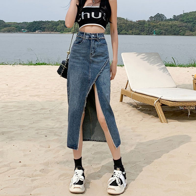 Irregular Denim Skirt Women'S Ins Style Spice Girl Niche Rag Split High Waist Hip Design A- Line Mid-Length Skirt - Image 4