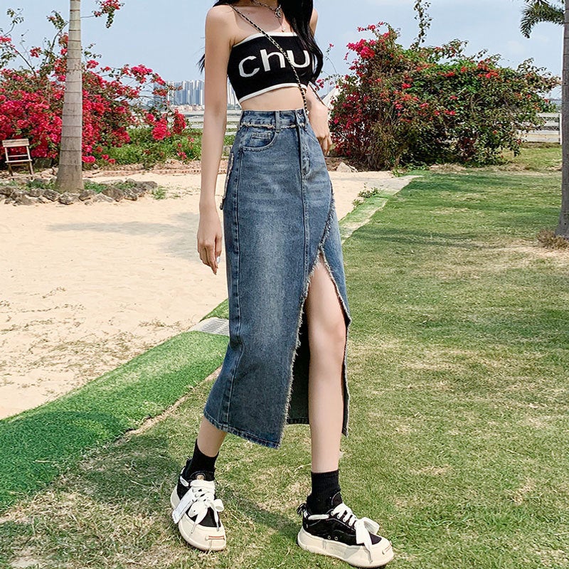 Irregular Denim Skirt Women'S Ins Style Spice Girl Niche Rag Split High Waist Hip Design A- Line Mid-Length Skirt - Image 3