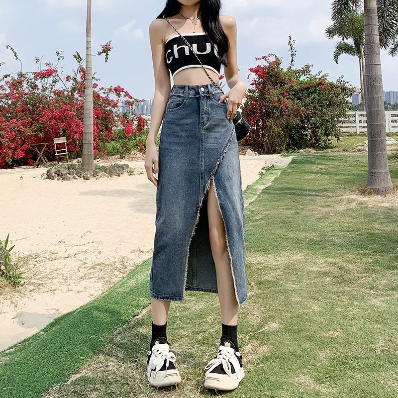 Irregular Denim Skirt Women'S Ins Style Spice Girl Niche Rag Split High Waist Hip Design A- Line Mid-Length Skirt - Image 2