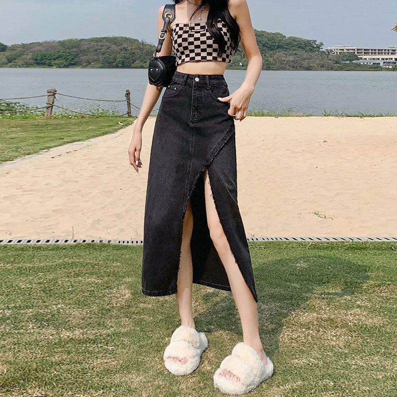 Irregular Denim Skirt Women'S Ins Style Spice Girl Niche Rag Split High Waist Hip Design A- Line Mid-Length Skirt - Image 1
