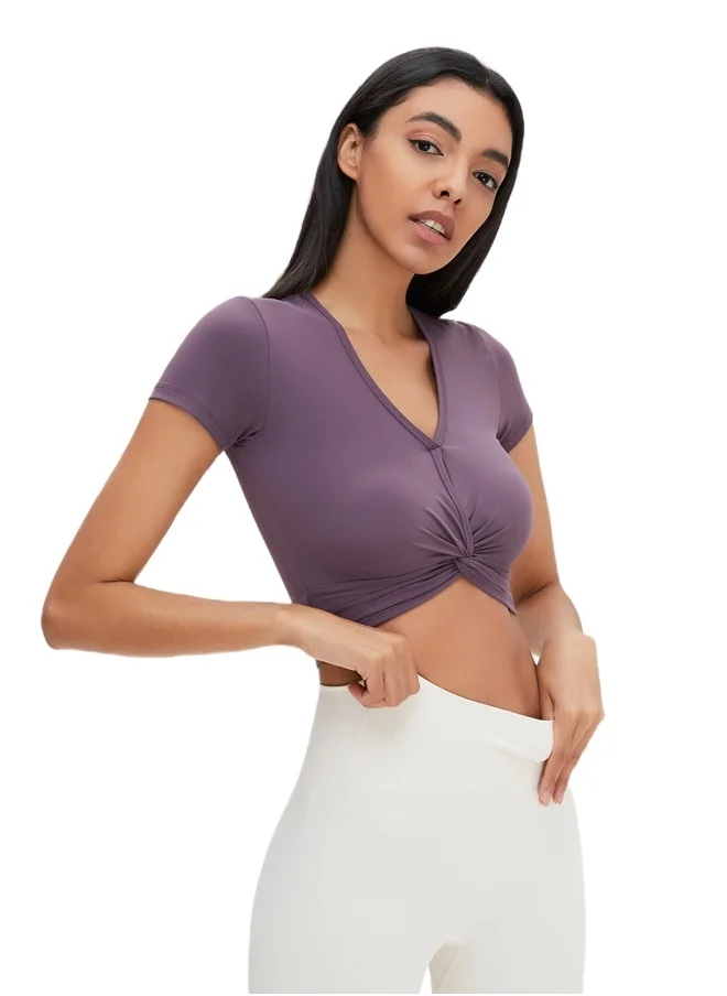 KAWN.YOGA Womens Short Sleeves V-neck Twist Crop Top