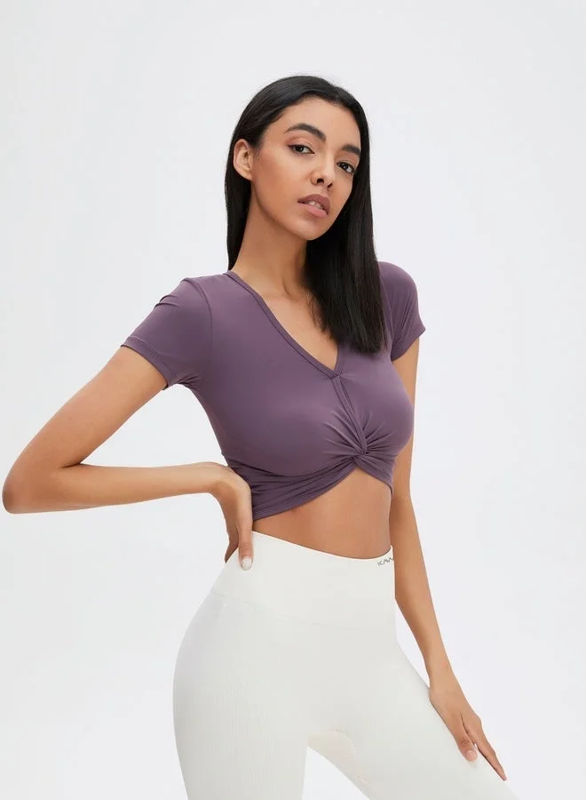Kawn.yoga Eggplant Purple Womens Short Sleeves V-neck Twist Crop Top for Women | Best Price UAE