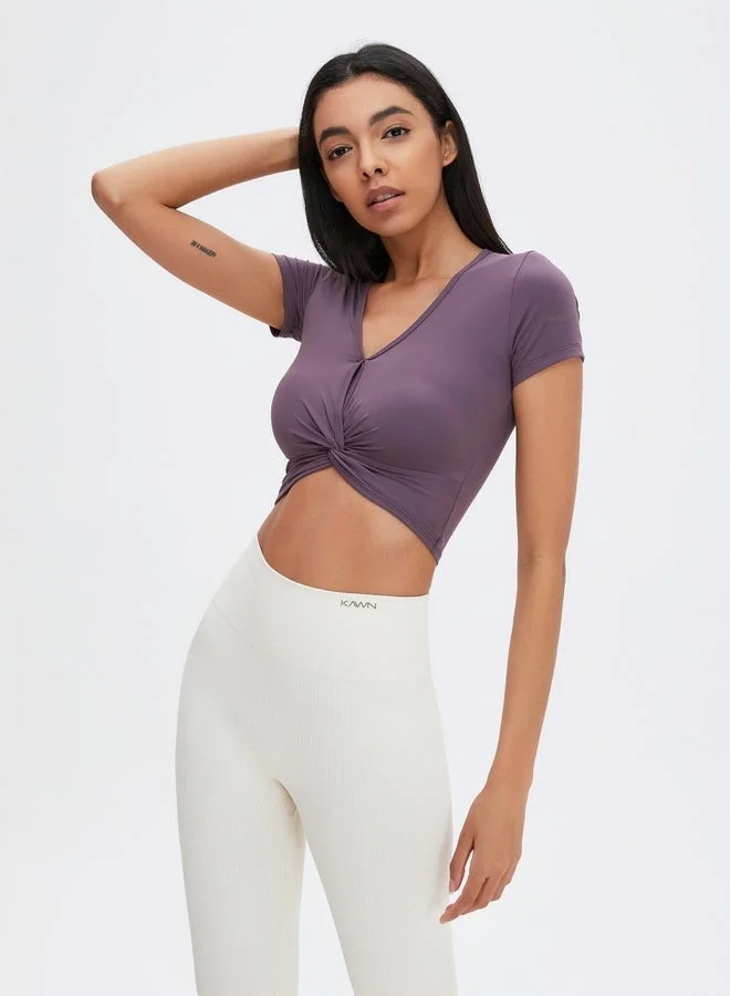 Kawn.yoga Eggplant Purple Womens Short Sleeves V-neck Twist Crop Top for Women | Best Price UAE