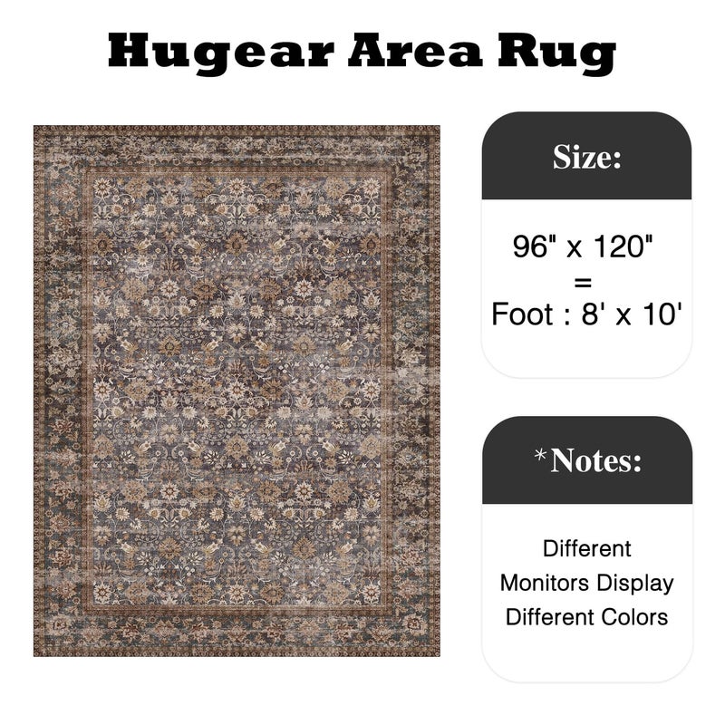 HUGEAR 8x10 Machine Washable Rugs Tradition Brown Hallway Large Area Rug Indoor Accent Rug Floral Low Pile Carpet Soft Throw Aesthetic Rug Bedroom Living Room Office Dining Room Kitchen Laundry Room - Image 2