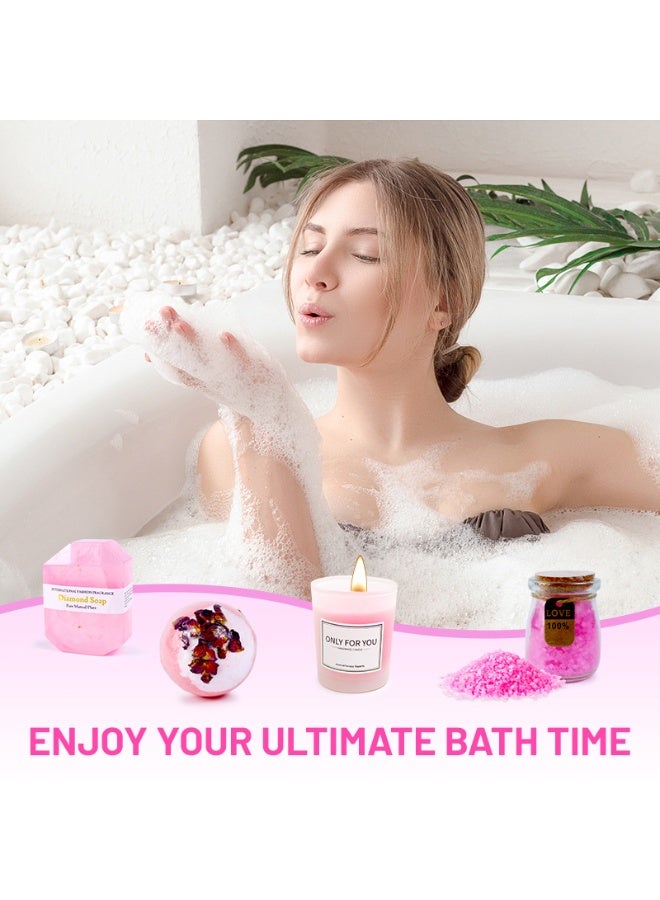 هومستر 6PCS شموع وحمامات معطرة مجموعة، غرس كأس التفريغ، ملح حمام، صابون هاندمد، شموع معطرة، قنبلة حمام، بطاقة، هدايا للنساء لعيد الميلاد يوم المرأة عيد الأم، حمام فقاعة مجموعة الهدايا للنساء، الاسترخاء سبا هدية للنساء الوردي الخفيف - Image 3