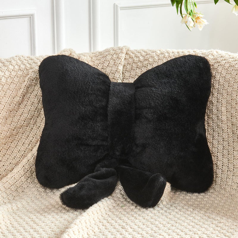 XVTRU Black Bow Pillow  Soft Bow Decorative Pillows with Faux Rabbit Fur  Cute 16"" Bow Throw Pillows  Aesthetic Home Decor Bow Shaped Plush Pillow for Bedroom Sofa Couch - Image 1
