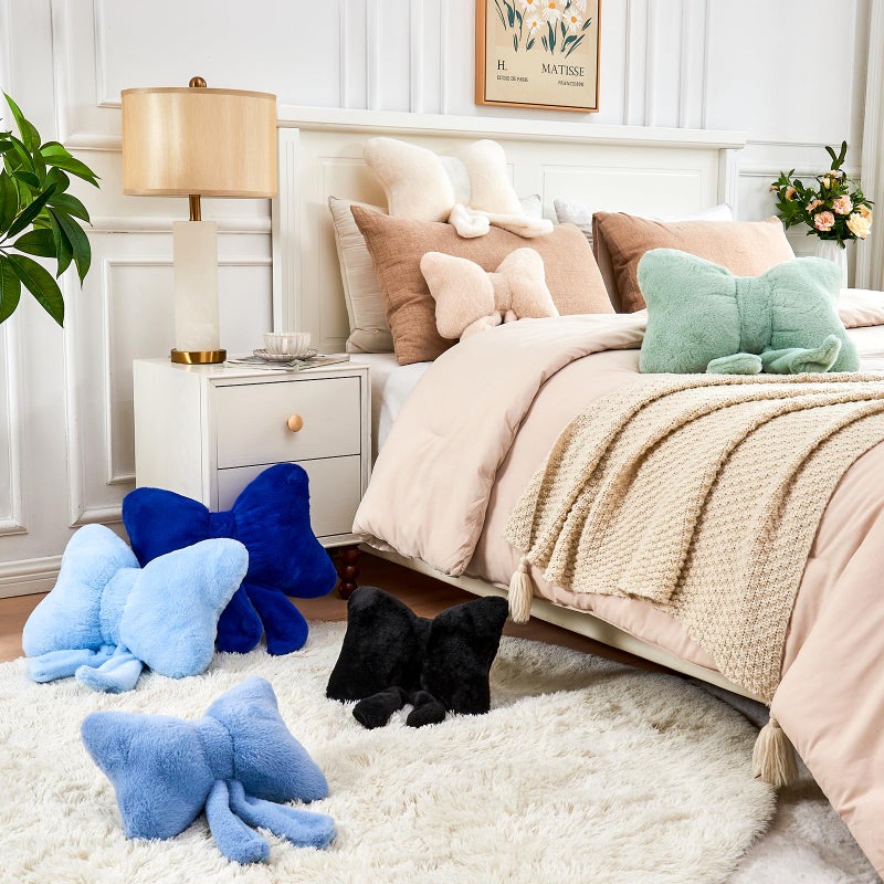 XVTRU Black Bow Pillow  Soft Bow Decorative Pillows with Faux Rabbit Fur  Cute 16"" Bow Throw Pillows  Aesthetic Home Decor Bow Shaped Plush Pillow for Bedroom Sofa Couch - Image 5