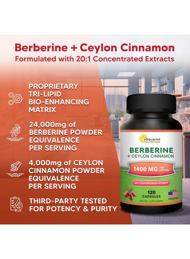 aSquared Nutrition Berberine with Ceylon Cinnamon Supplement - 1400mg Max Strength Complex - 120 Capsules - 1200mg HCl Powder Extract Plus Pills - Alternative to Gummies & Drops - Image 4