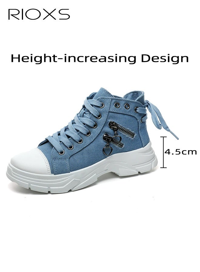 RIOXS Women's High-Top Sneakers, Breathable Thick-Soled High-Top Casual Shoes, Summer Lace-Up Fashionable Street-Style Sneakers with Zipper Accents, Round-Toe EVA Soft-Soled Canvas Shoes for Daily Wear and Versatile Pairings, Blue - Image 5