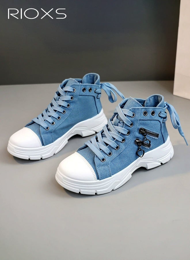 RIOXS Women's High-Top Sneakers, Breathable Thick-Soled High-Top Casual Shoes, Summer Lace-Up Fashionable Street-Style Sneakers with Zipper Accents, Round-Toe EVA Soft-Soled Canvas Shoes for Daily Wear and Versatile Pairings, Blue - Image 4