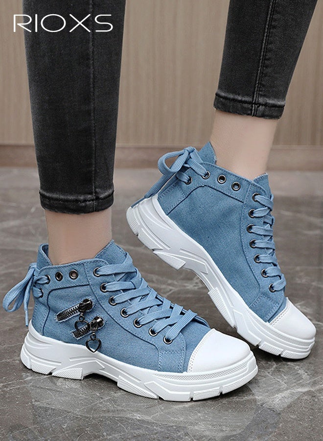 RIOXS Women's High-Top Sneakers, Breathable Thick-Soled High-Top Casual Shoes, Summer Lace-Up Fashionable Street-Style Sneakers with Zipper Accents, Round-Toe EVA Soft-Soled Canvas Shoes for Daily Wear and Versatile Pairings, Blue - Image 2