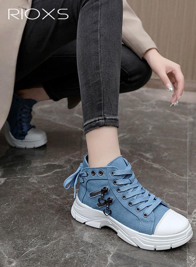 RIOXS Women's High-Top Sneakers, Breathable Thick-Soled High-Top Casual Shoes, Summer Lace-Up Fashionable Street-Style Sneakers with Zipper Accents, Round-Toe EVA Soft-Soled Canvas Shoes for Daily Wear and Versatile Pairings, Blue - Image 3