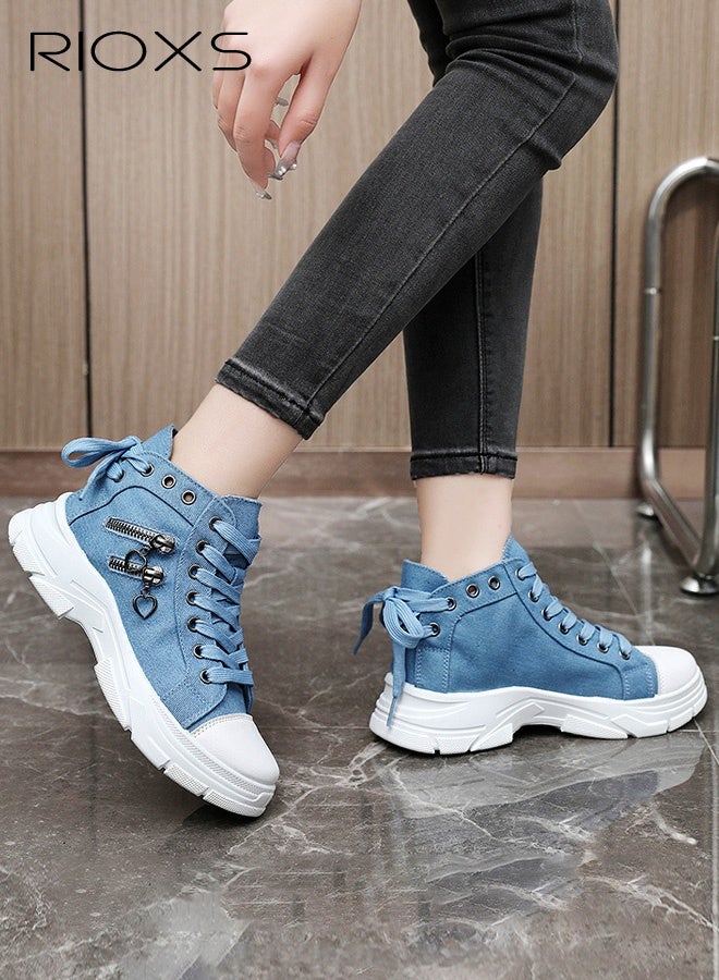 RIOXS Women's High-Top Sneakers, Breathable Thick-Soled High-Top Casual Shoes, Summer Lace-Up Fashionable Street-Style Sneakers with Zipper Accents, Round-Toe EVA Soft-Soled Canvas Shoes for Daily Wear and Versatile Pairings, Blue - Image 1