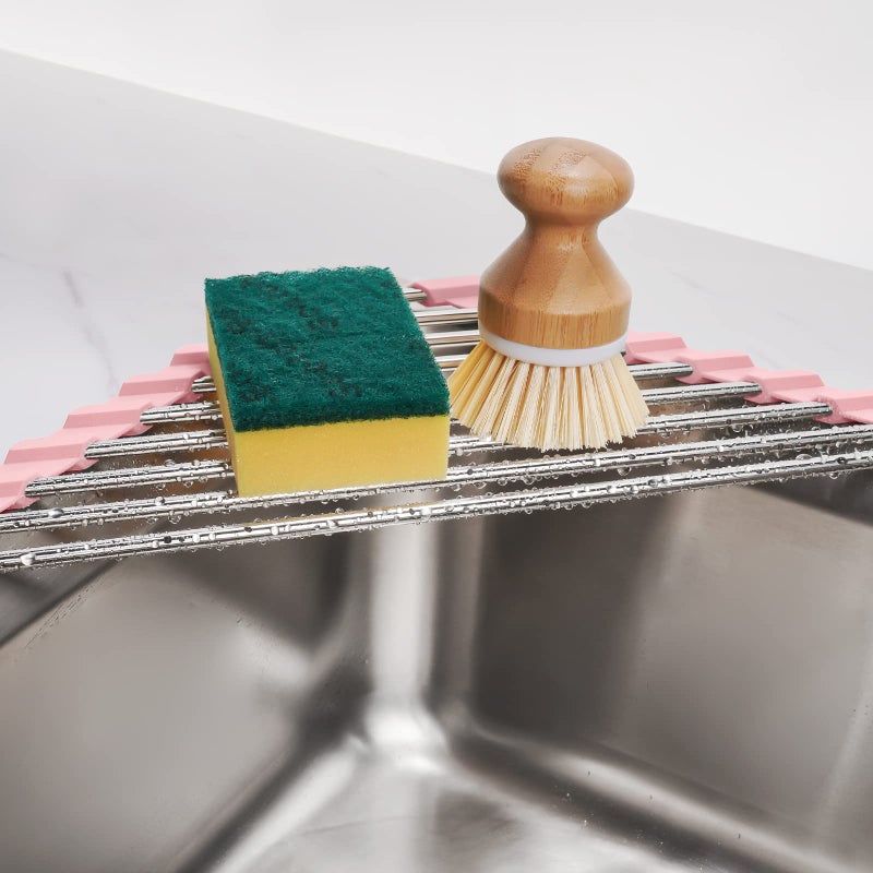 Tomorotec Triangle Foldable Dish Drying Rack, Small Roll-Up Stainless Steel Over Sink Drainer for Kitchen Sink Corner, Rustproof Multipurpose Organizer(Pink) - Image 3