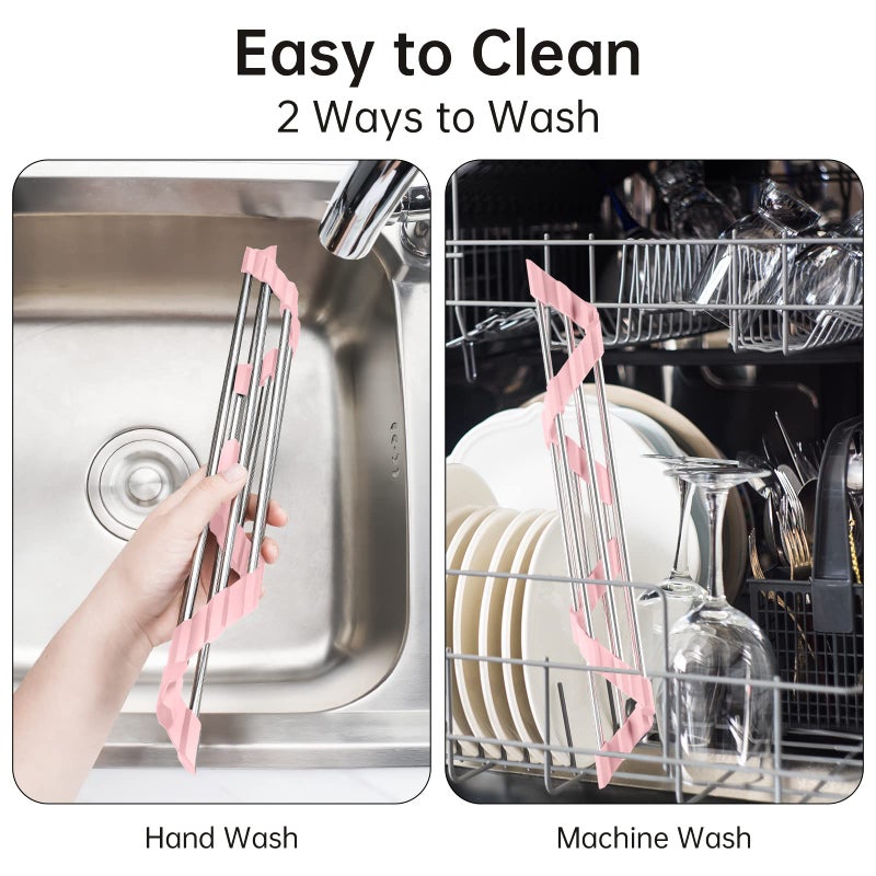 Tomorotec Triangle Foldable Dish Drying Rack, Small Roll-Up Stainless Steel Over Sink Drainer for Kitchen Sink Corner, Rustproof Multipurpose Organizer(Pink) - Image 5