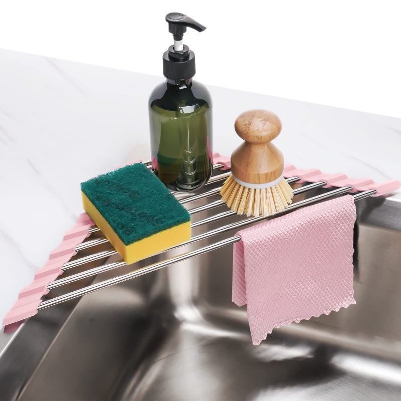 Tomorotec Triangle Foldable Dish Drying Rack, Small Roll-Up Stainless Steel Over Sink Drainer for Kitchen Sink Corner, Rustproof Multipurpose Organizer(Pink) - Image 1