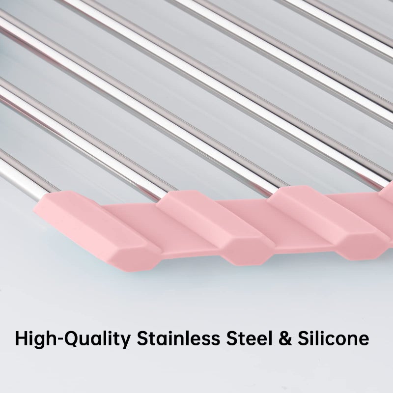 Tomorotec Triangle Foldable Dish Drying Rack, Small Roll-Up Stainless Steel Over Sink Drainer for Kitchen Sink Corner, Rustproof Multipurpose Organizer(Pink) - Image 2