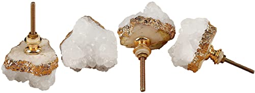 JIC Gem 4 Pack Crystal Stone Cabinet Knobs Quartz Geode Druzy Gold-Plated Handles Natural Gemstone Cupboard Drawer Pulls for Home Office Décor - Image 1