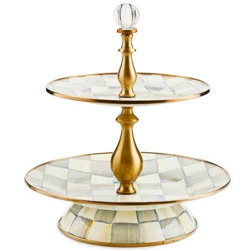 mackenzie childs MACKENZIECHILDS Enamel TwoTier Sweet Stand TwoTiered Serving Tray for Dessert GrayandWhite Sterling Check - Image 1