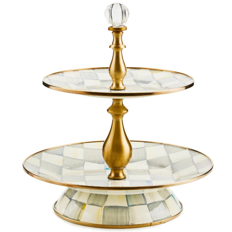 mackenzie childs MACKENZIECHILDS Enamel TwoTier Sweet Stand TwoTiered Serving Tray for Dessert GrayandWhite Sterling Check - Image 2