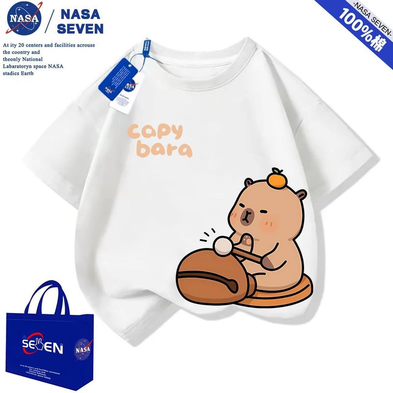 Nasa Cartoon Pure Cotton T-Shirt For Boys And Girls, Fashionable Summer Popular Kapibala Short-Sleeved Super Cute Medium And Large Children'S Tops - Image 2