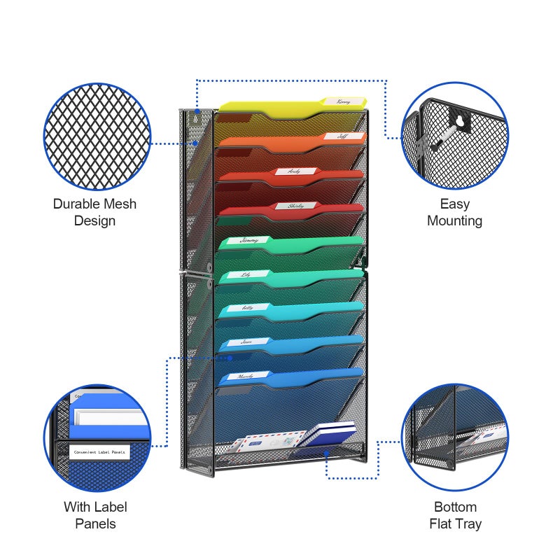 samstar 10 Tier Wall File Organizer, Hanging Wall Mount File Holder Paper Folder Mail Organizer, Mesh Metal, Black. - Image 5